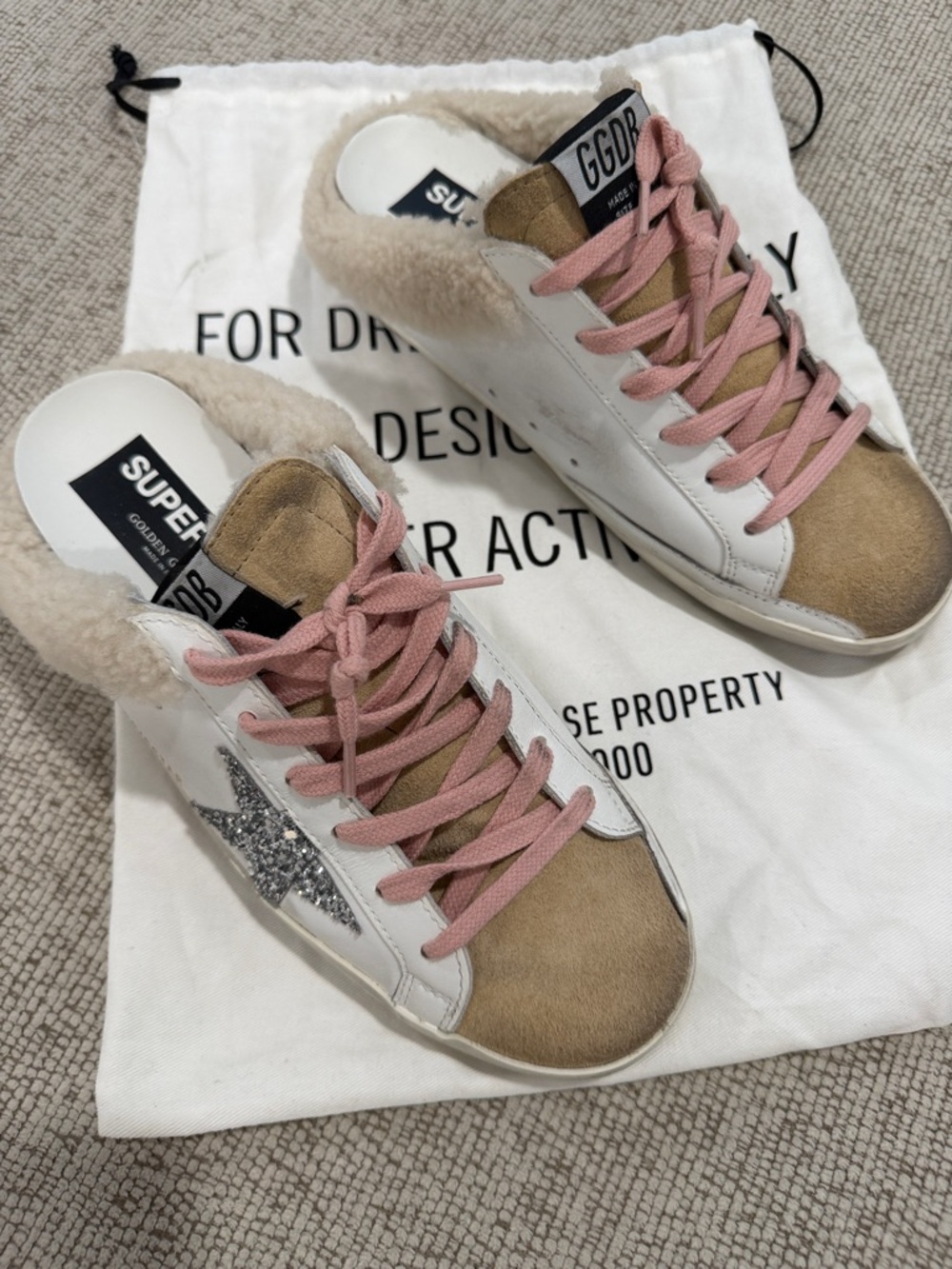 Golden Goose White Leather & Tan Suede Sneakers with Pink Laces